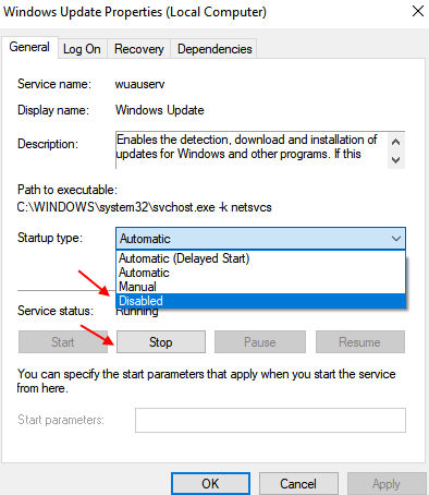 change startup options to disabled