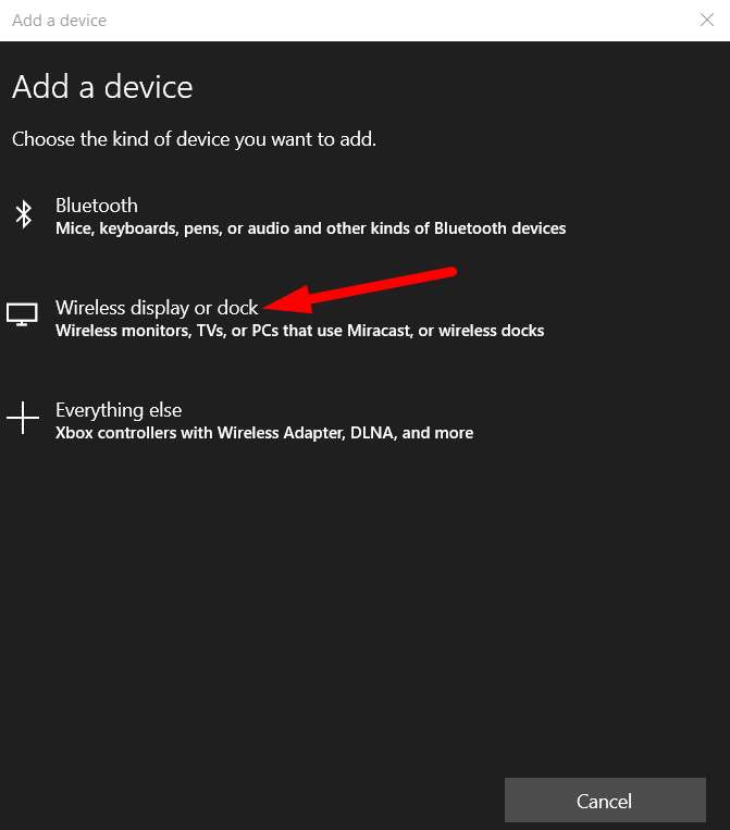 Choose Wireless display and other devices