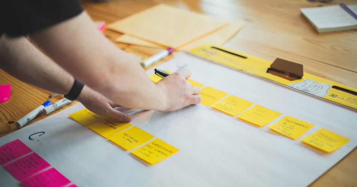 Person writing on sticky notes