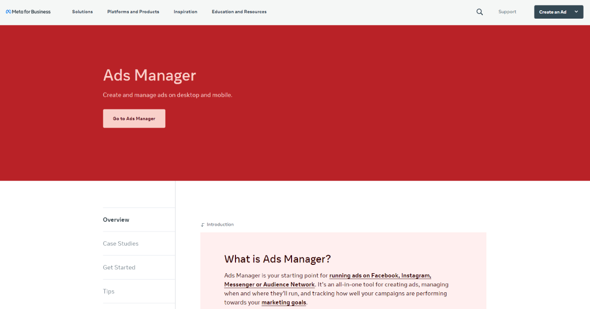 Facebook Ads Manager landing page