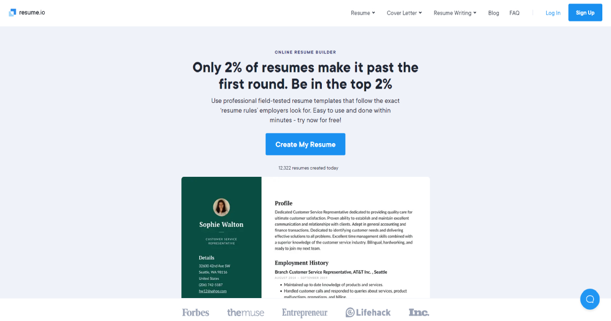 Resume.io landing page