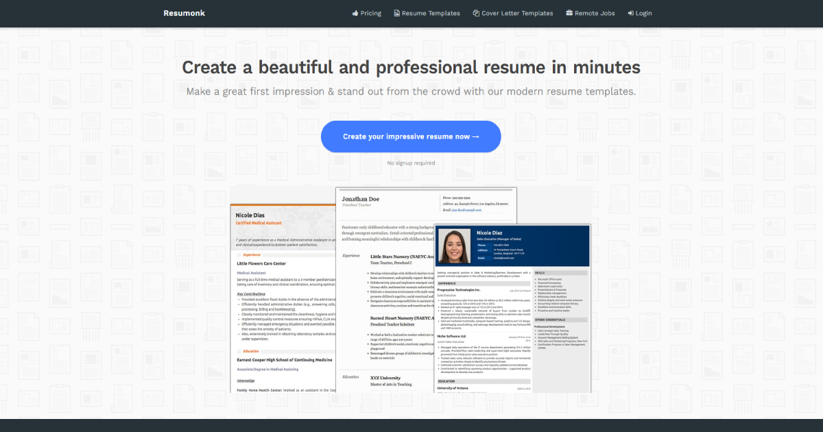 Resumonk landing page