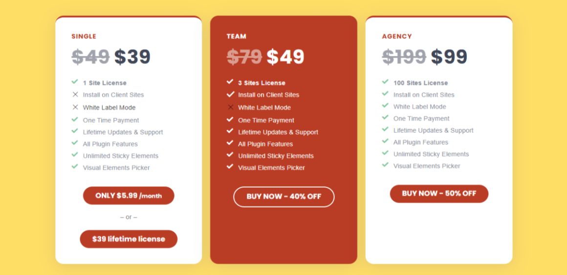 WP Sticky pricing plans layout