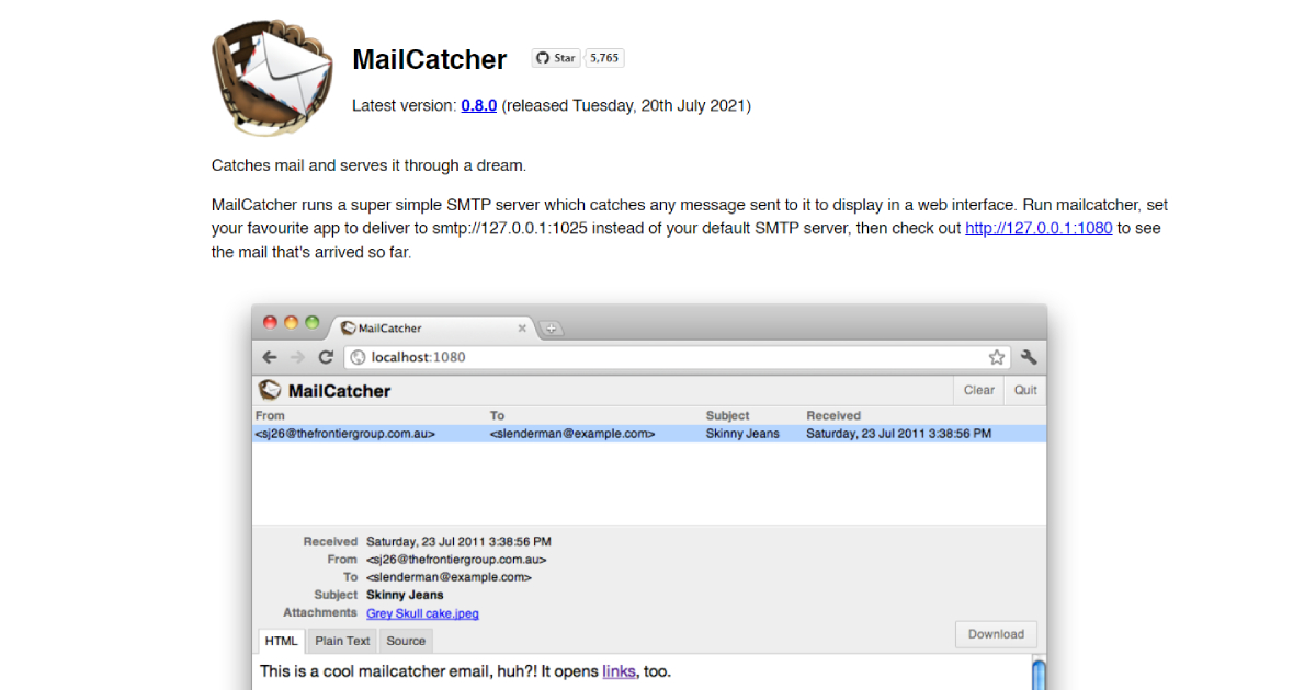 MailCatcher landing page